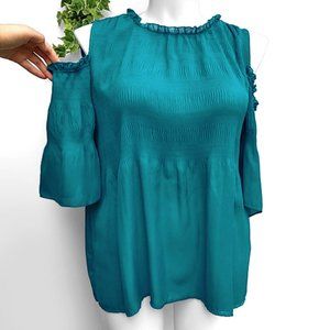 Spense Teal Ruffle Cold Shoulder Flowy Blouse Top